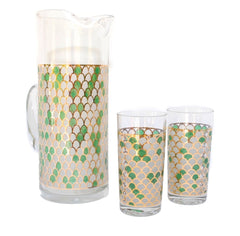 Glass Pitcher and 2 Glasses with Peacock Pattern